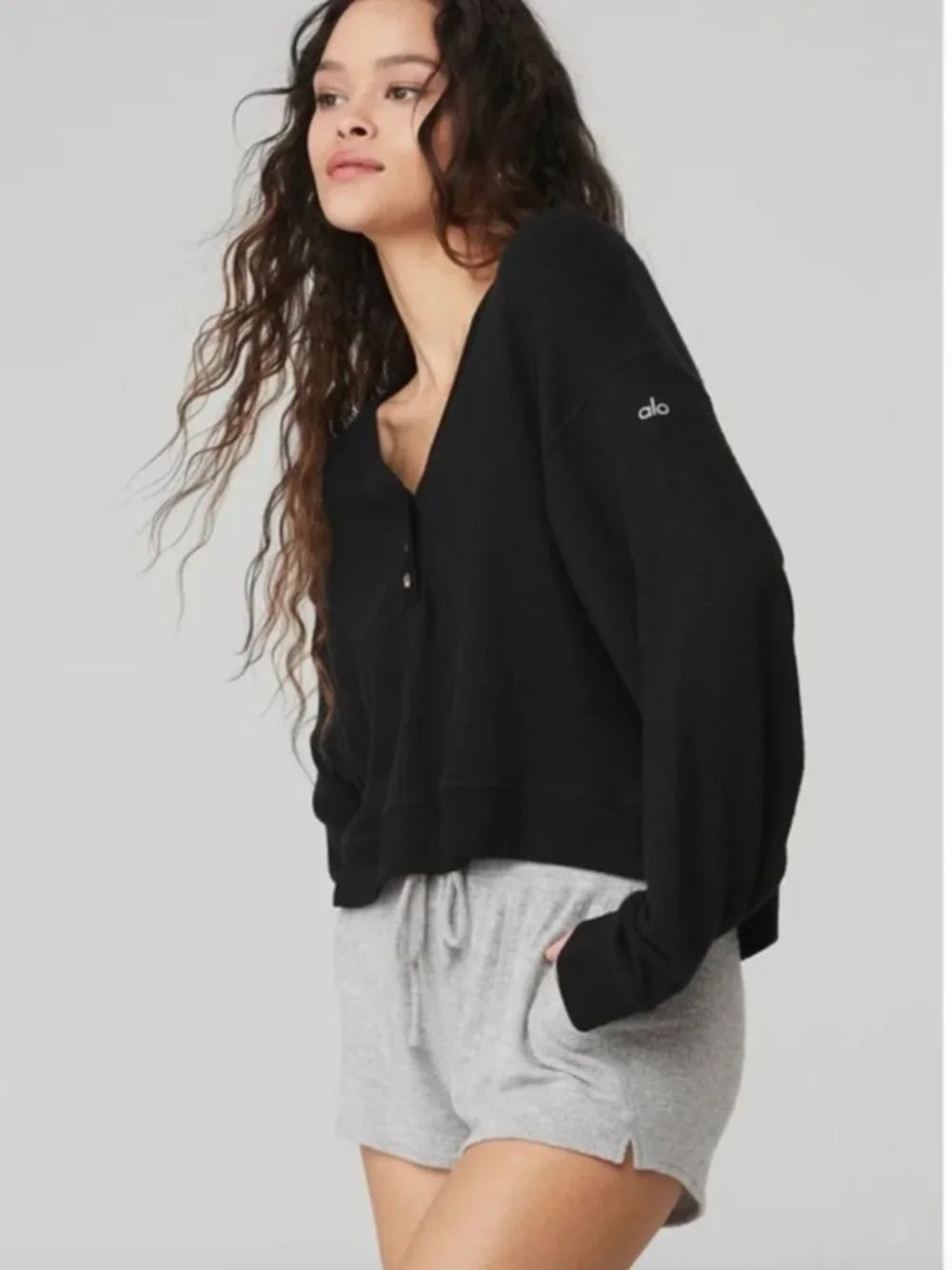 Alo Yoga Black Soho Cropped Pullover Henley Top